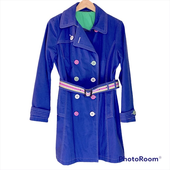 BODEN Blue Cotton Trench Rain Coat Jacket Buttons Rainbow Belt Size 14 Vintage - Picture 1 of 14
